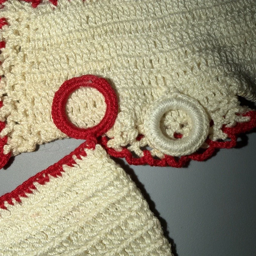 Crochet Potholder Dress Bloomers Red White 50s Handmade Cottagecore‎ Grandma Vtg